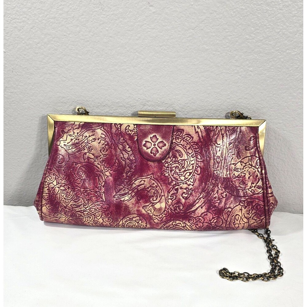 Patricia Nash Maroon & Gold Metallic Tooled Leather Frame Clutch with Chain